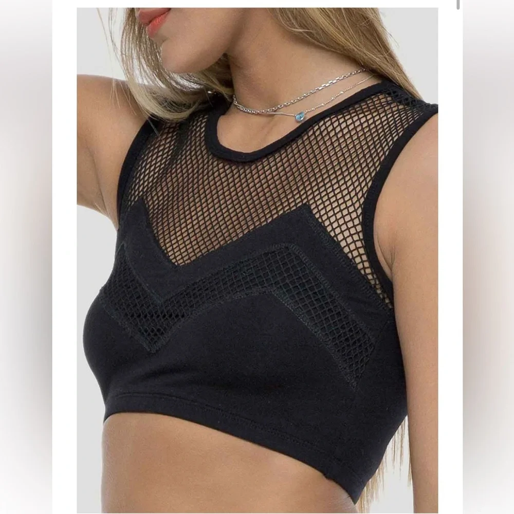PSYLO super crop top Black Mesh Sleeveless 100% organic cotton SZ 4 MSRP $54 - Picture 1 of 10